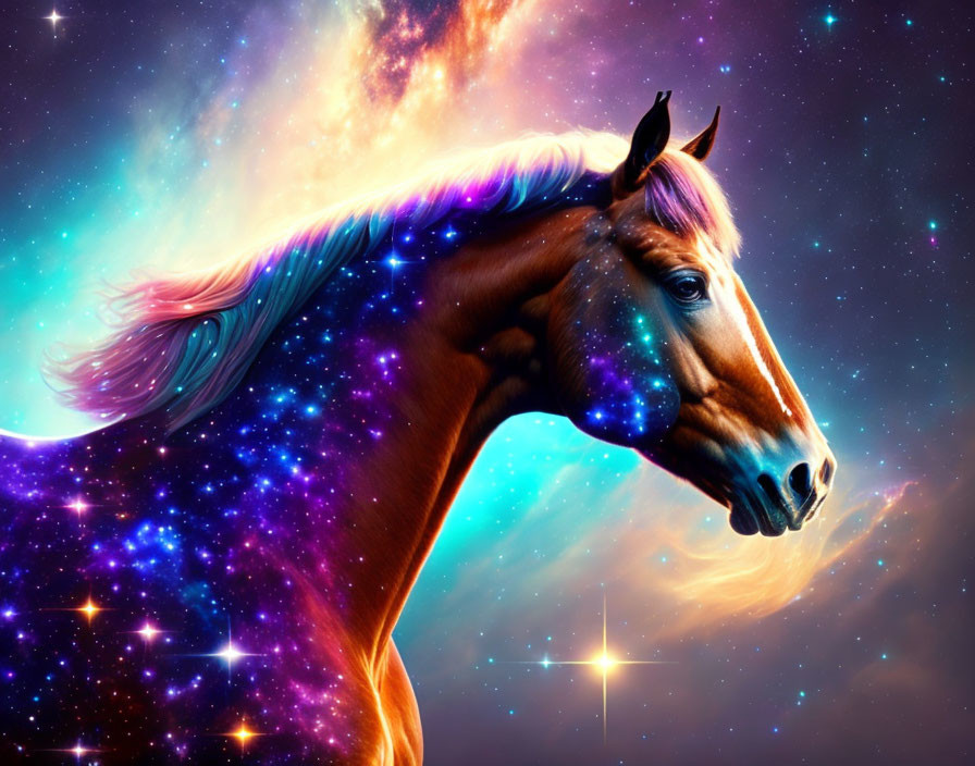 Vibrant digital art: Horse with cosmic mane and nebulae background