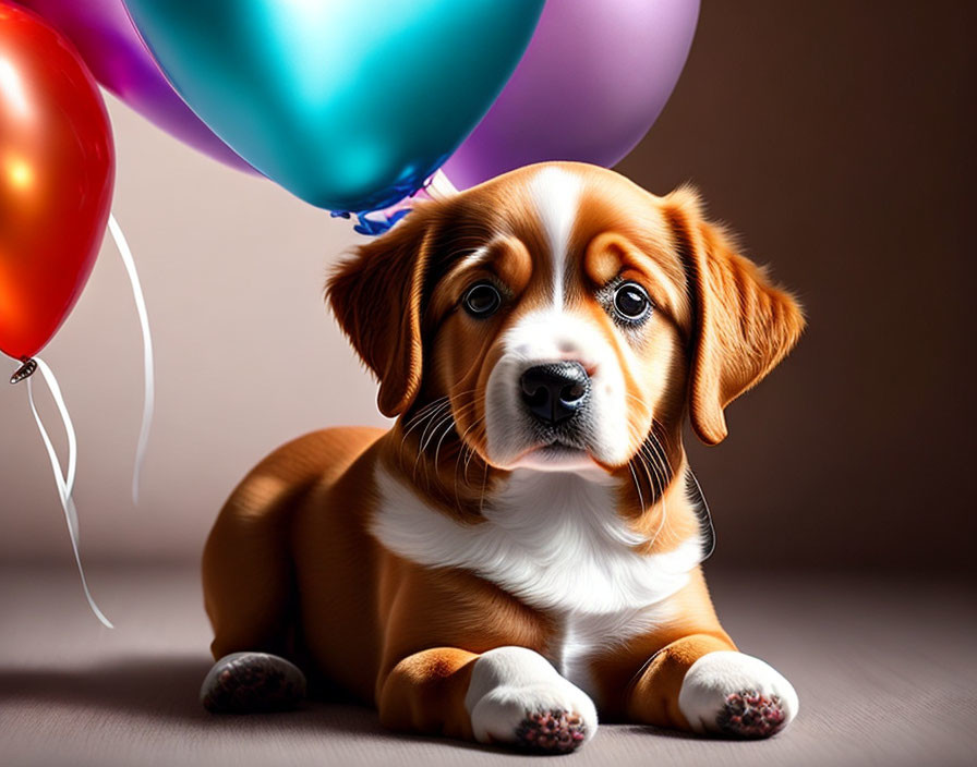 Brown and White Puppy with Soulful Eyes Beside Colorful Balloons