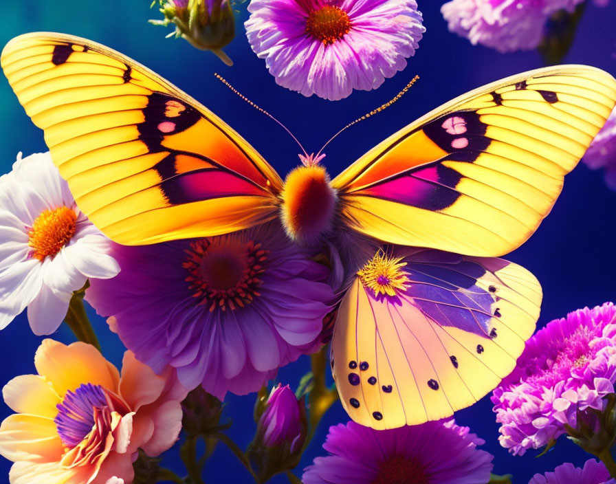 Colorful Yellow Butterfly on Flowers with Blue Background