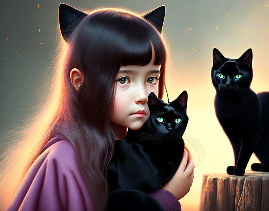 Digital painting of girl with cat-like ears holding black cat, with fireflies in background