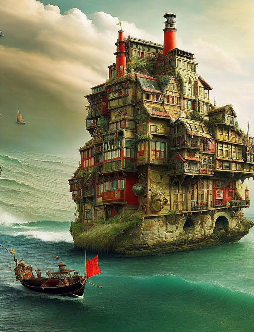 Fantastical multi-storied building on rock amidst waves with boat sailing by under cloudy sky