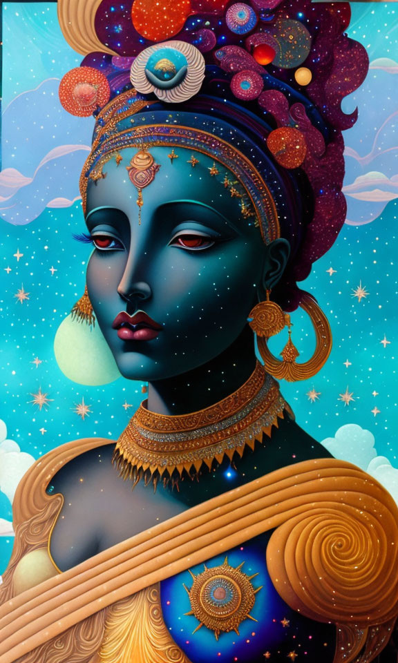 Blue-skinned woman with cosmic hair in celestial jewelry on starry backdrop.