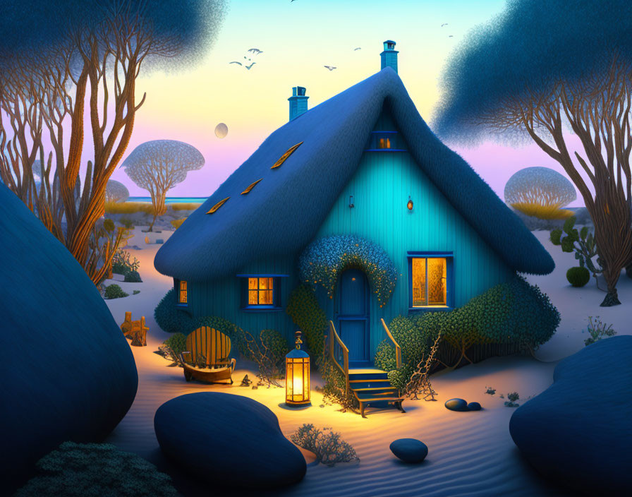 Blue Thatched Roof Cottage in Twilight Landscape with Unique Trees