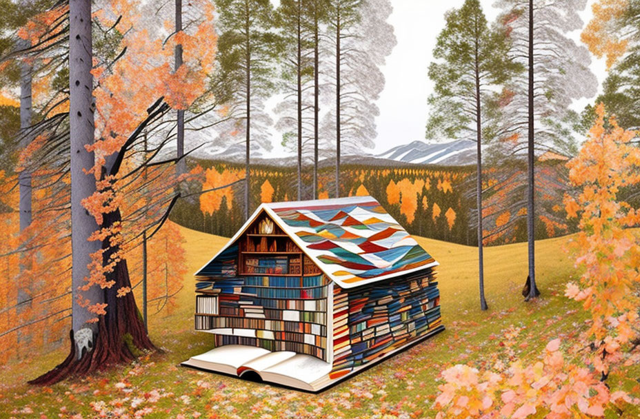 Unique open book-shaped house in autumn forest with distant mountains and clear sky