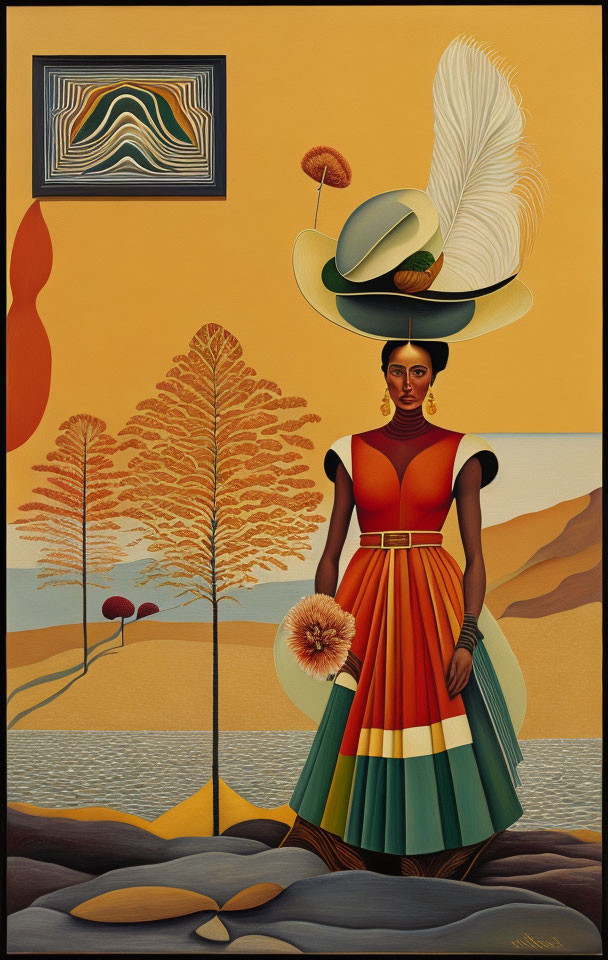 Colorful Dress and Feathers Hat Woman Painting in Desert Landscape