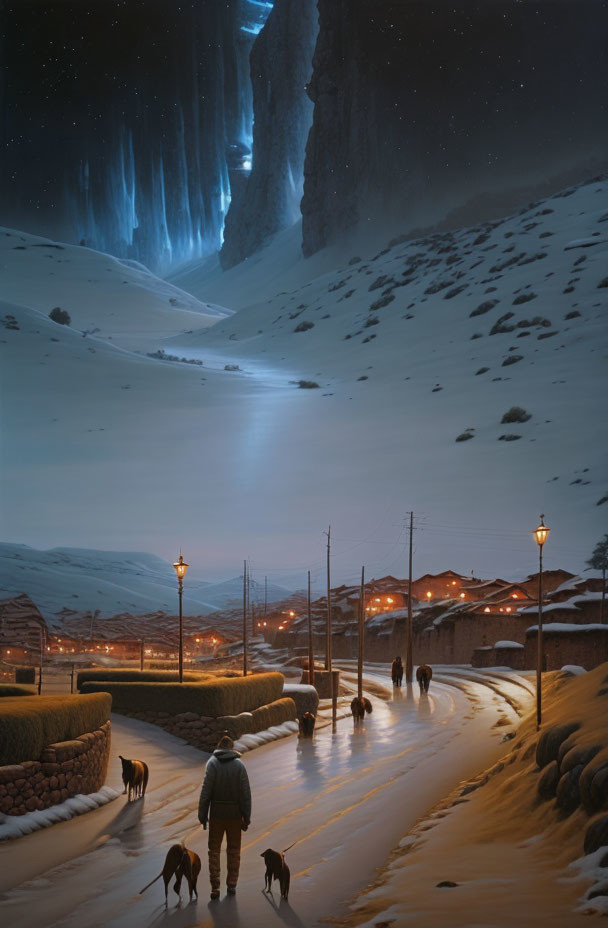 Snowy village night scene with people and dogs on lamp-lit path by icy cliffside