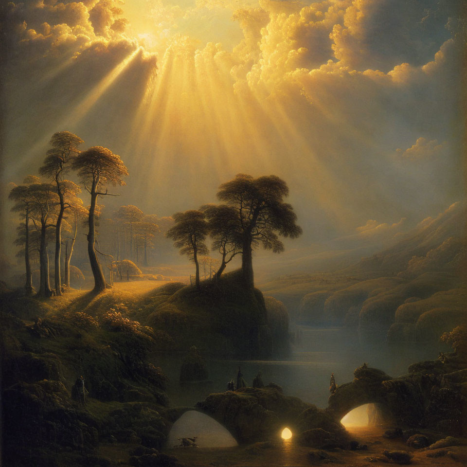 Tranquil landscape with sunbeams, trees, lake, and figures near boat