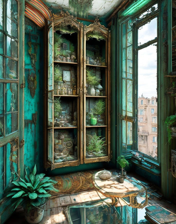 Vintage room with weathered bookshelf, plants, and city view from large window.