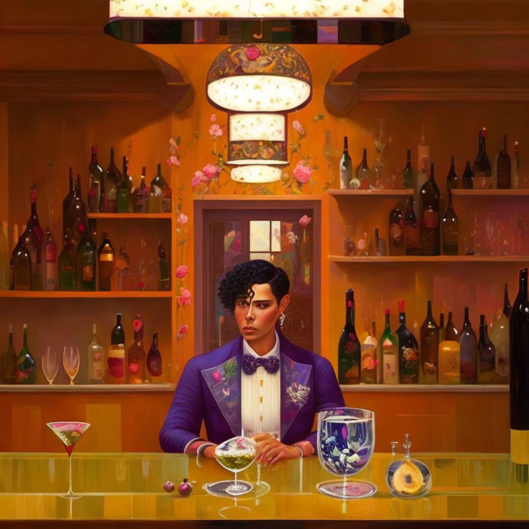 Pensive person in purple blazer at bar with martini and dessert