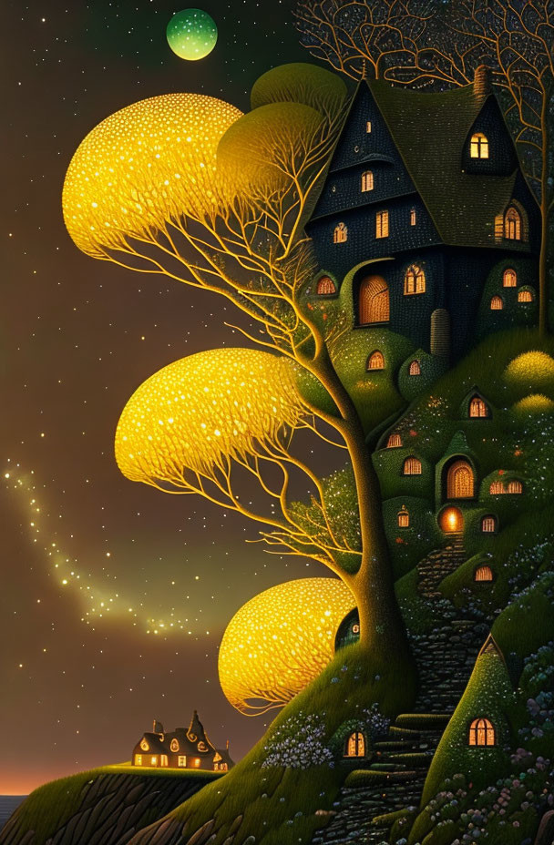 Whimsical black house illustration with glowing windows and golden trees under starry night sky