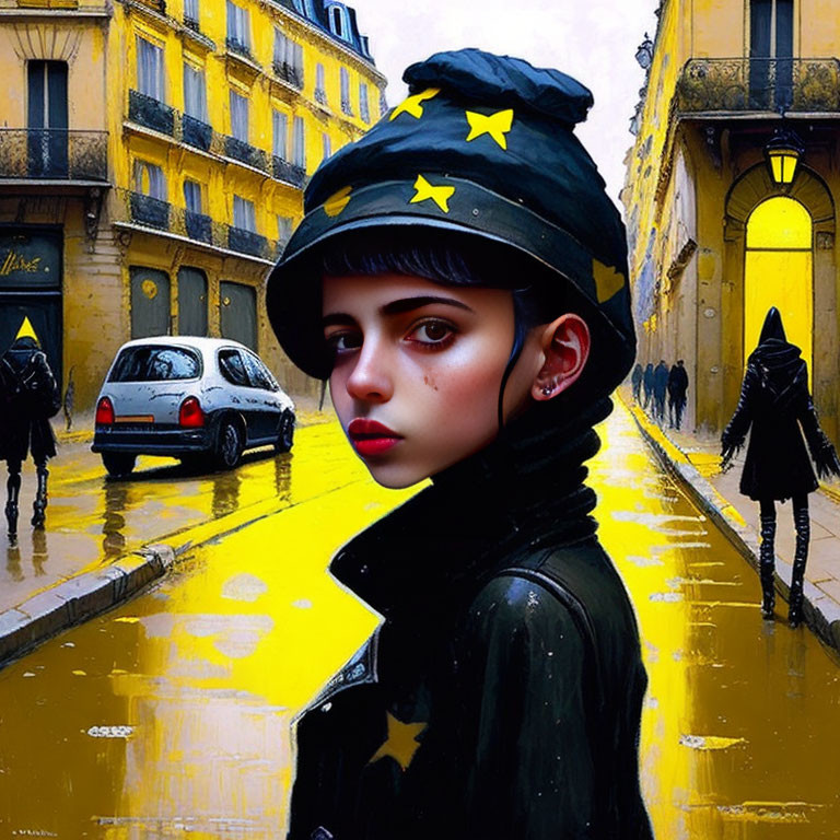 Stylized portrait of a woman in black beret with yellow stars against vibrant yellow street