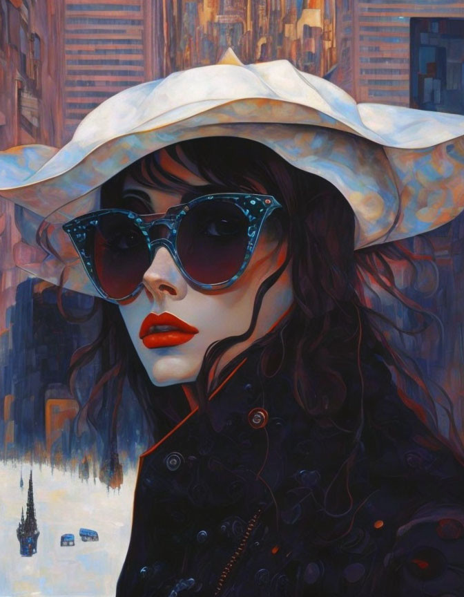 Stylized painting of woman in hat & sunglasses with colorful cityscape