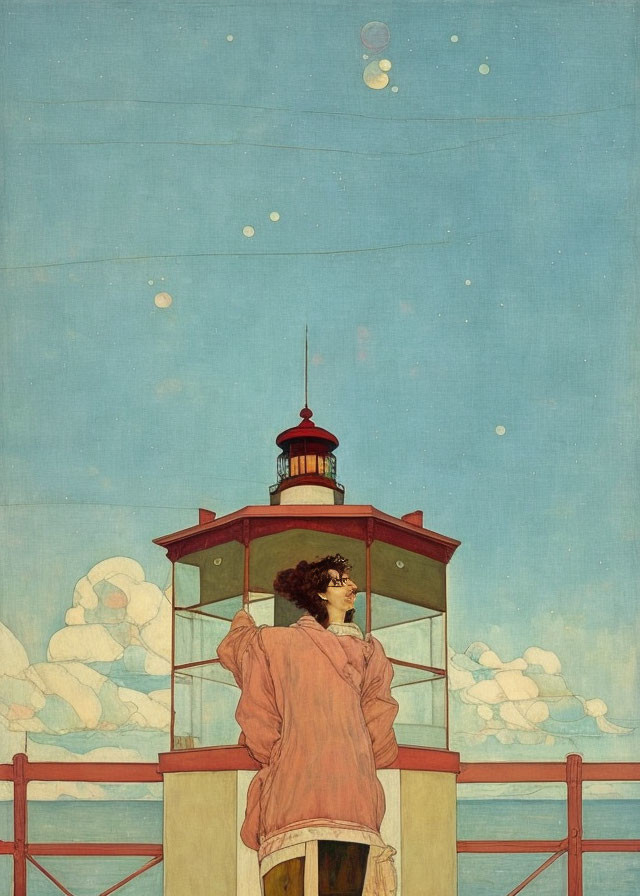 Person in pink blouse gazes at lighthouse under serene blue sky