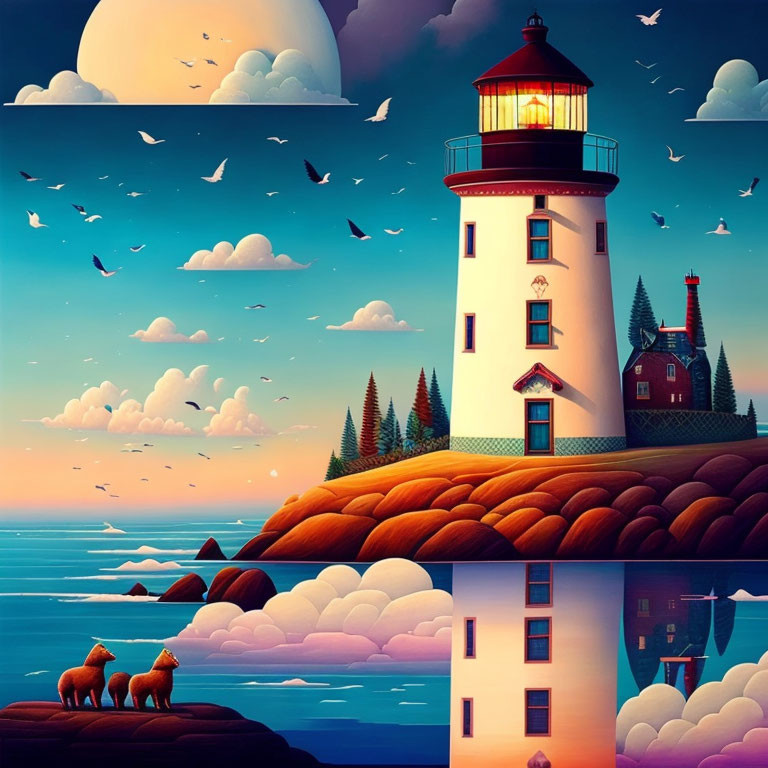 Stylized lighthouse at dusk with warm tones, moon, birds, and horses