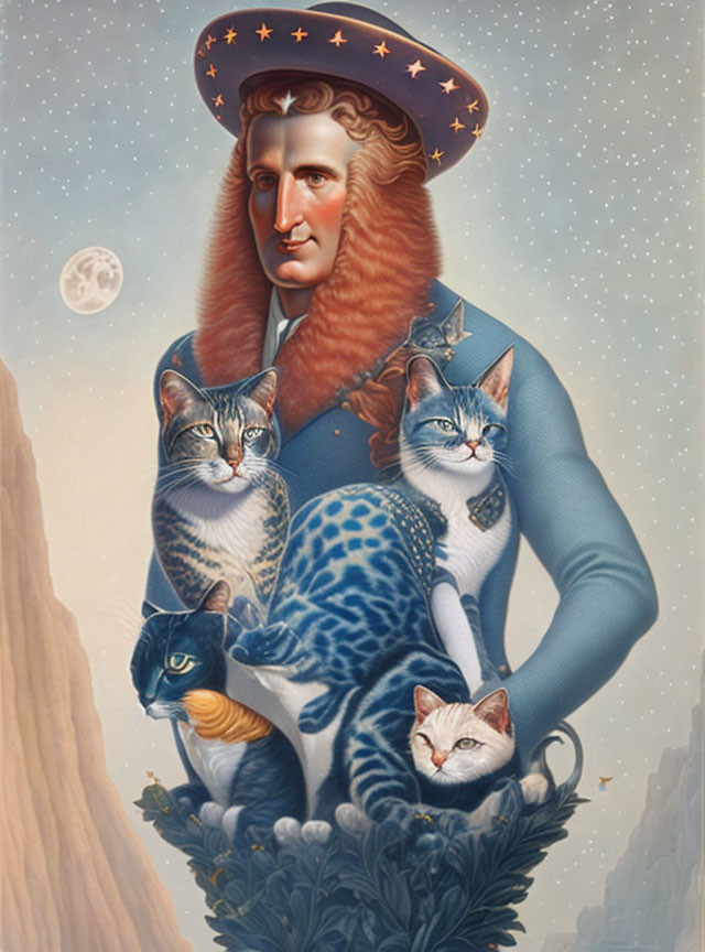 Surreal portrait featuring starry hat, long hair, cat coat, cliffs, and moon