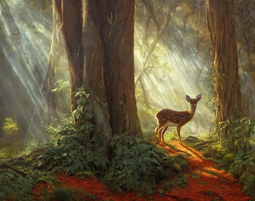 Sunlit forest scene with fawn in lush greenery