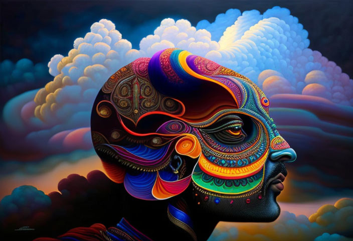 Colorful Stylized Human Head Profile with Swirling Patterns and Cloud-like Background