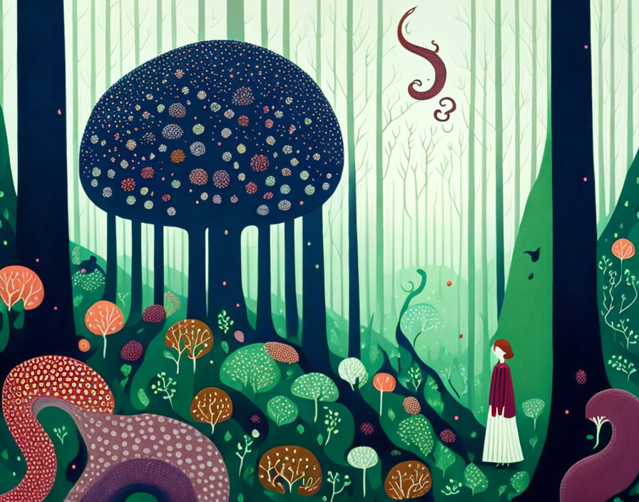 Illustration of whimsical forest with blue jellyfish-like tree, girl in red cape, colorful flora