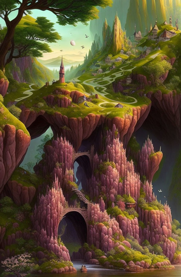 Lush greenery, towering rocks, arch bridge in a fantastical landscape