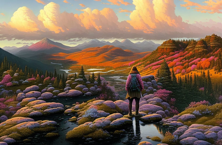 Person standing on stone in vibrant landscape with purple flora and sunset over hills.