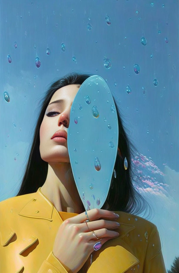 Woman in yellow jacket holds water droplet-covered mirror reflecting blue sky and bubbles, conveying introspection.