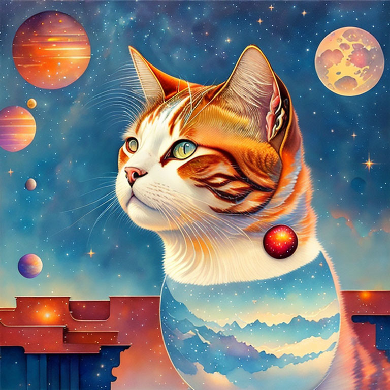 Colorful Cat Illustration with Celestial and Landscape Elements