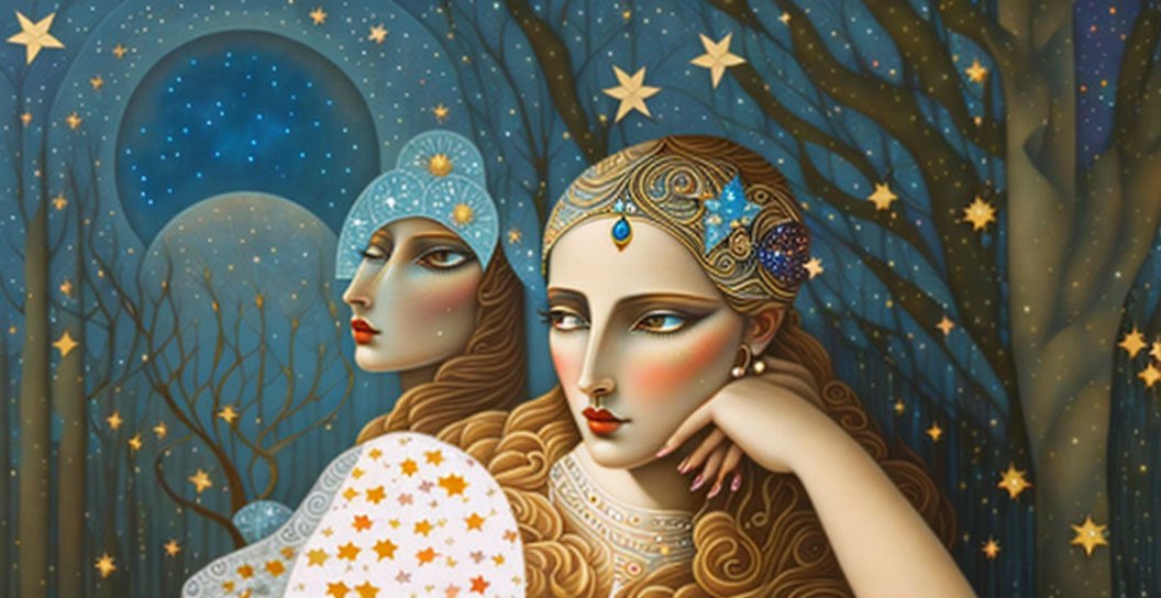 Stylized female figures with intricate headdresses in starry night scene