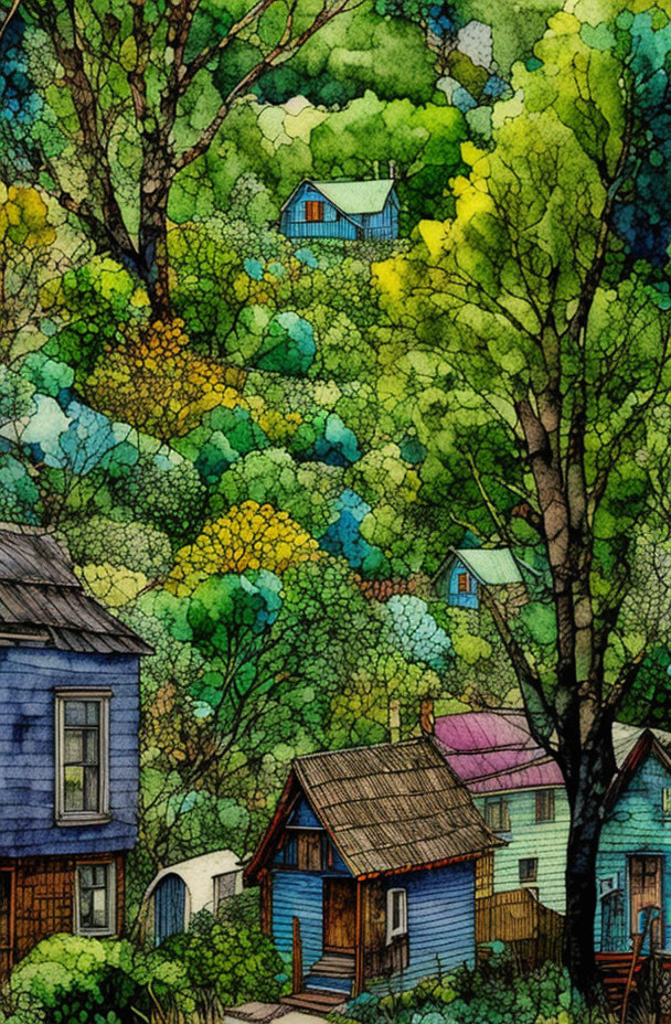 Colorful Houses in Vibrant Forest Landscape