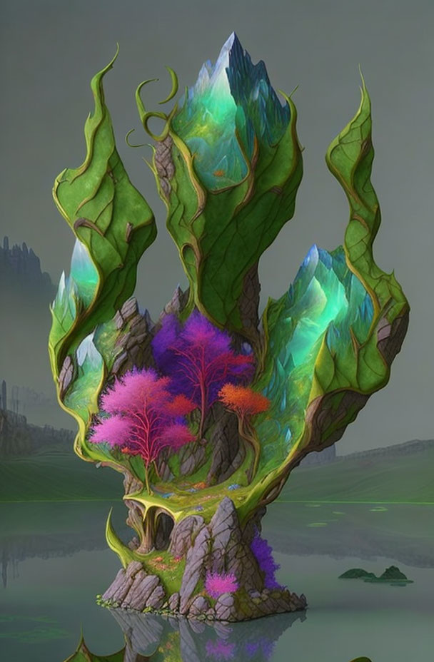 Vibrant tree with crystal-like leaves on tranquil islet