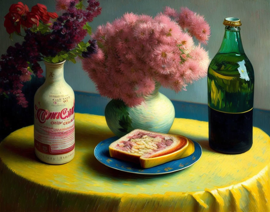 Vase of Pink Flowers, Sliced Grapefruit, and Bottle on Yellow Table