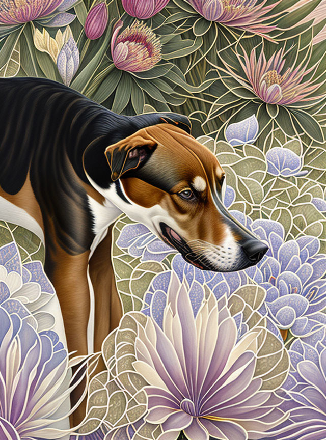 Tricolor dog in floral setting with purple and pink blooms