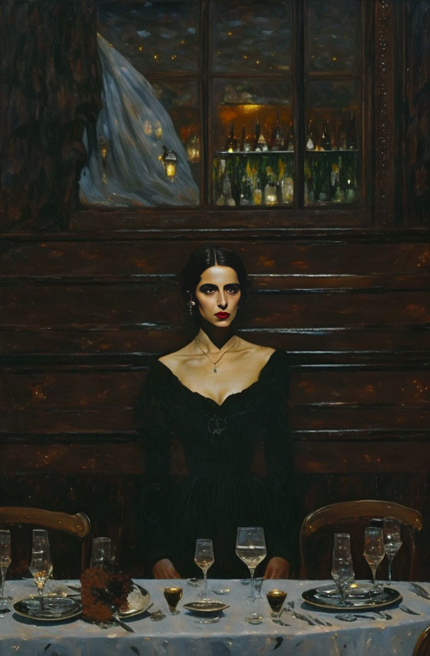 Portrait of woman with dark hair in black dress superimposed on dimly lit dining room