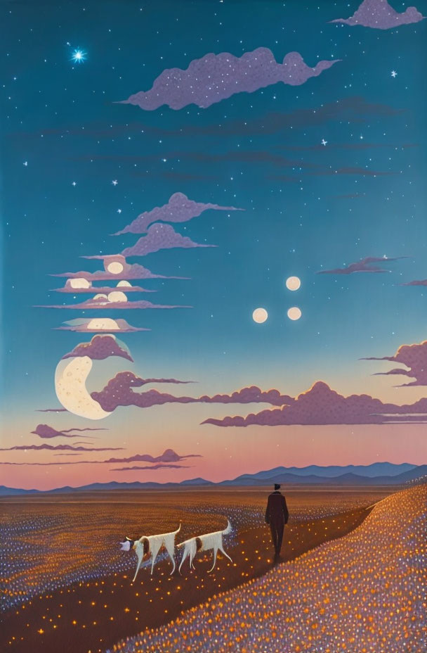 Person walking with two dogs in flower field under twilight sky with moon and stars