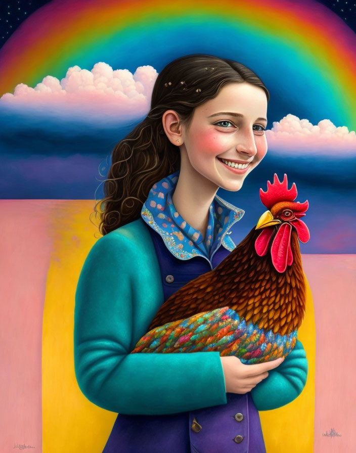 Smiling girl with braided hair holding colorful rooster in front of vibrant rainbow