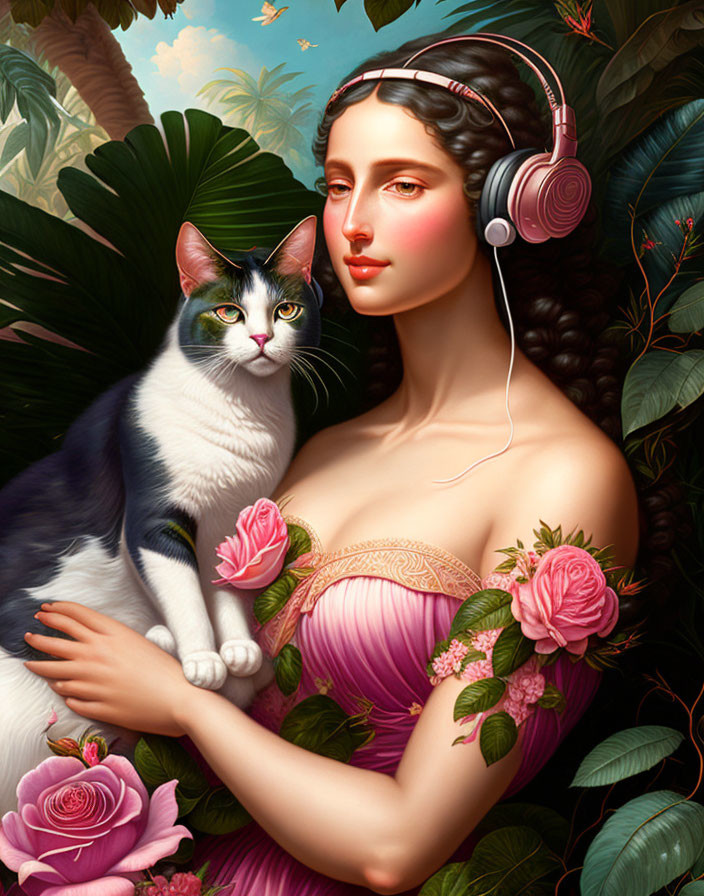 Woman with headphones and cat in lush pink rose setting