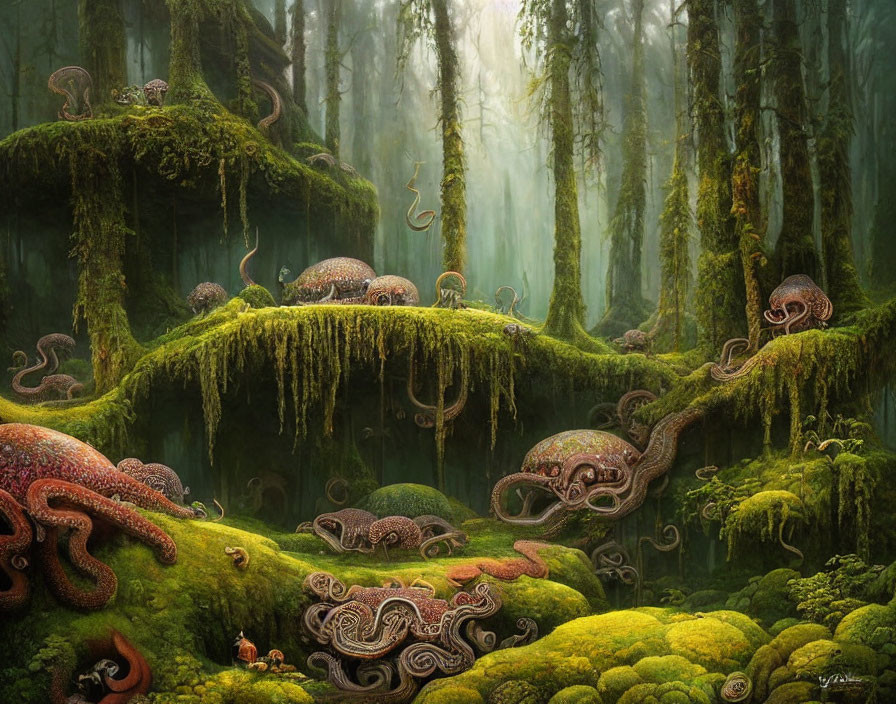 Mossy forest with giant snails and ethereal light