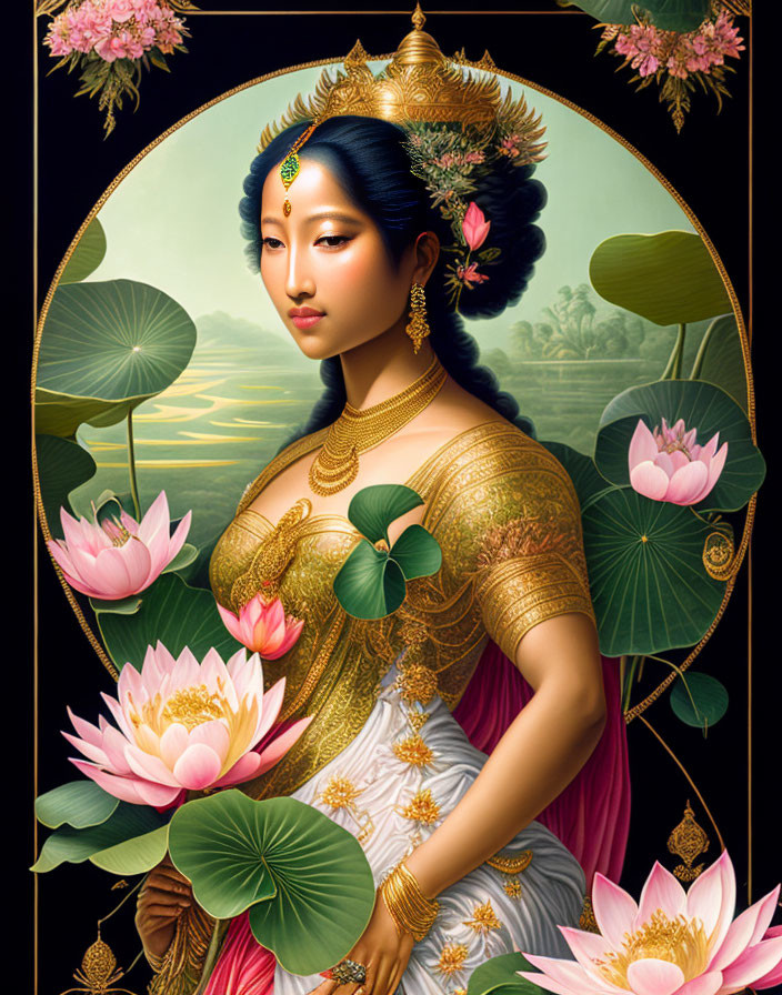 Blue-skinned woman in golden traditional attire with lotus flowers.