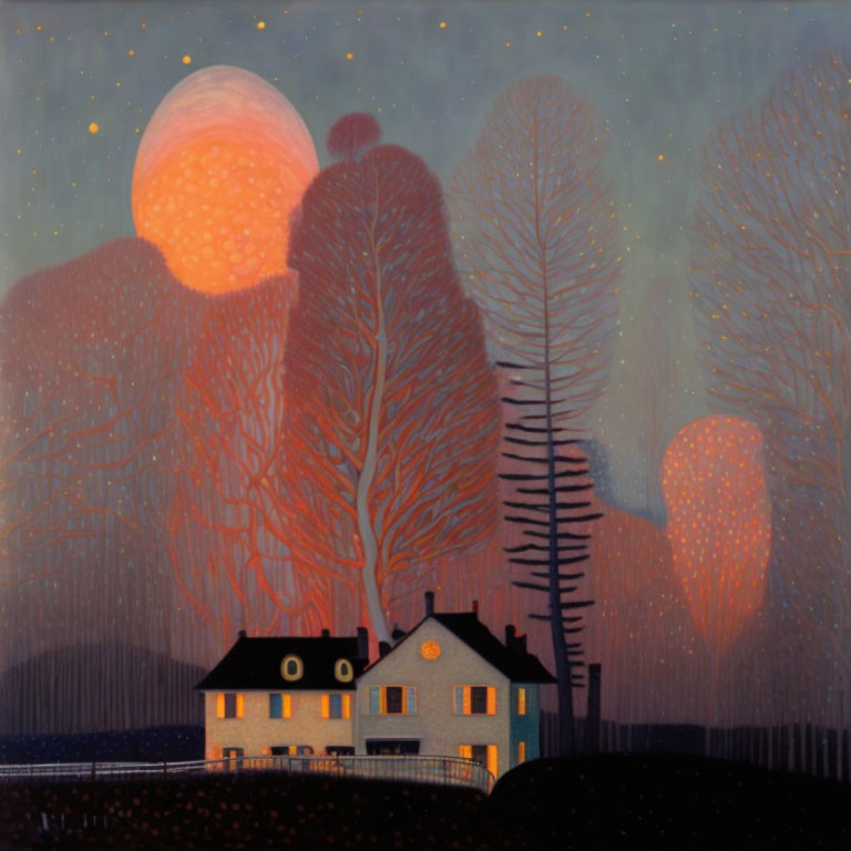 Twilight painting of quaint house with large trees and oversized orange moon