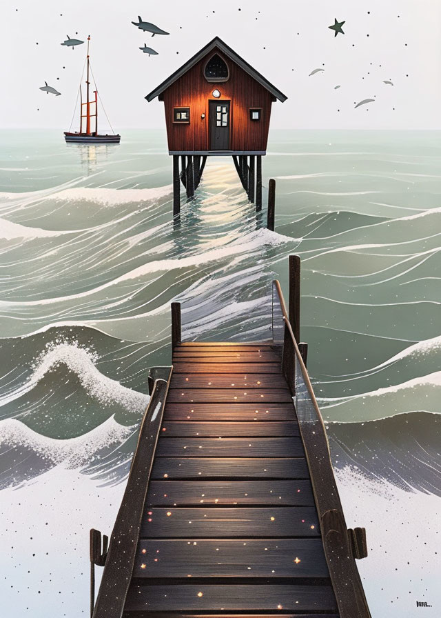 Stilted cabin over sea with sailboat and birds in serene night scene