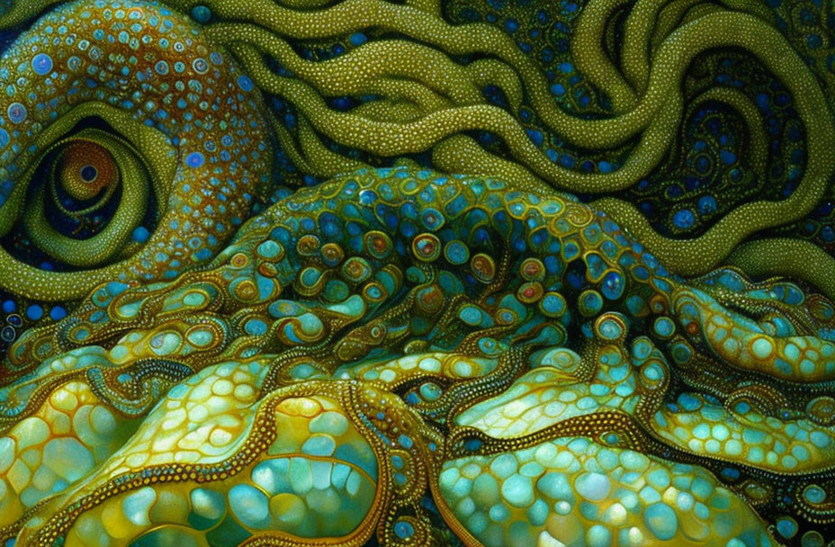 Colorful surreal octopus-like creature with swirling tentacles in blue and green.