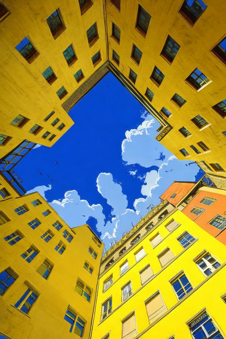 Courtyard with High Yellow Walls and Clear Blue Sky