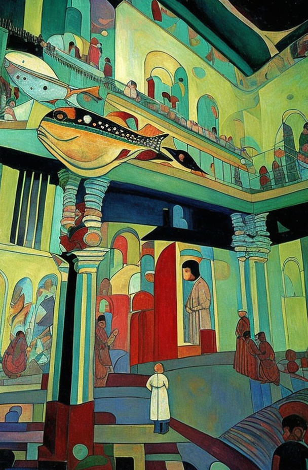 Colorful painting of traditional interior with figures and airship