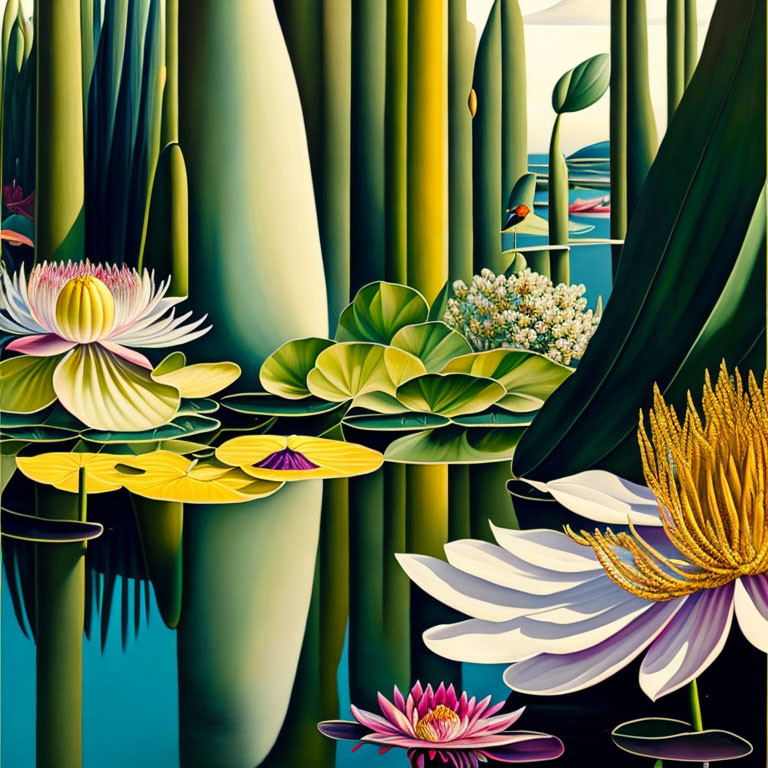 Colorful painting of lotus flowers and lily pads in a serene water scene