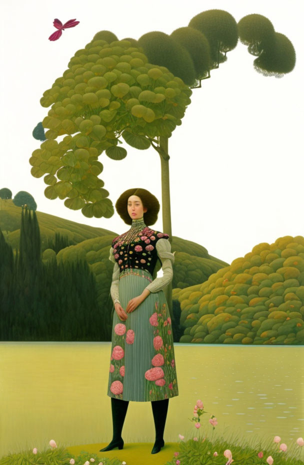 Stylized painting of woman in floral dress in lush landscape