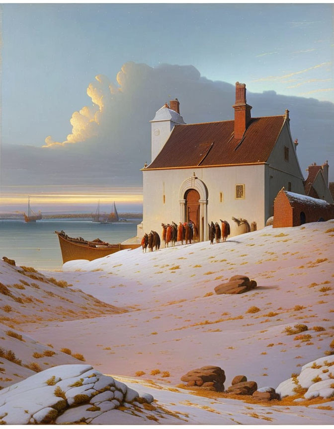 Snowy Coastal Scene: House, Boat, and Ships in Pastel Sky