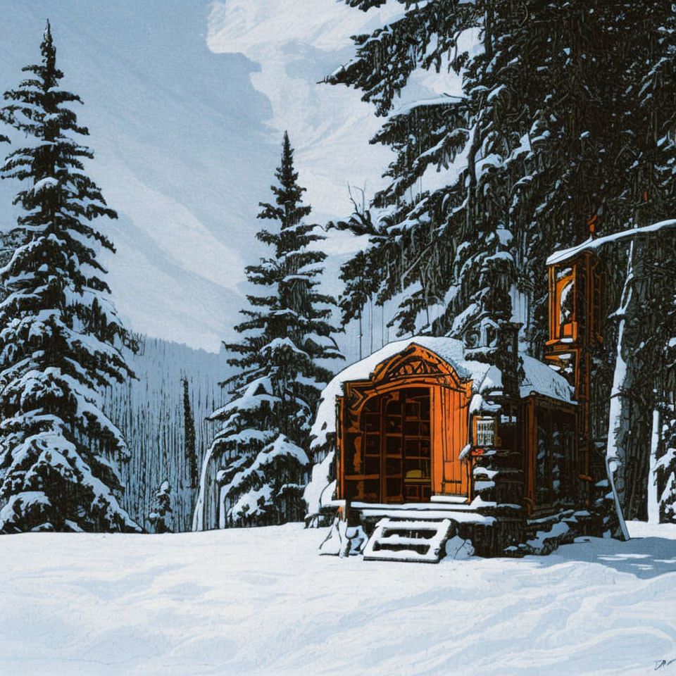 Snowy Forest Cabin with Lit Windows in Clear Blue Sky