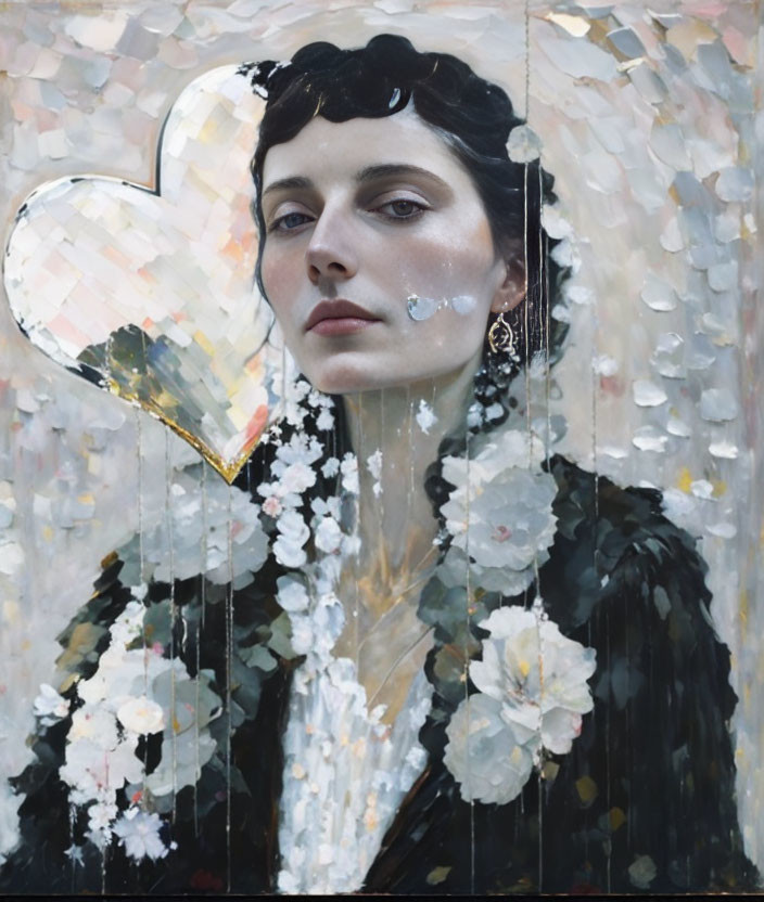 Portrait of Woman with Dark Hair and White Flowers on Abstract Heart Background