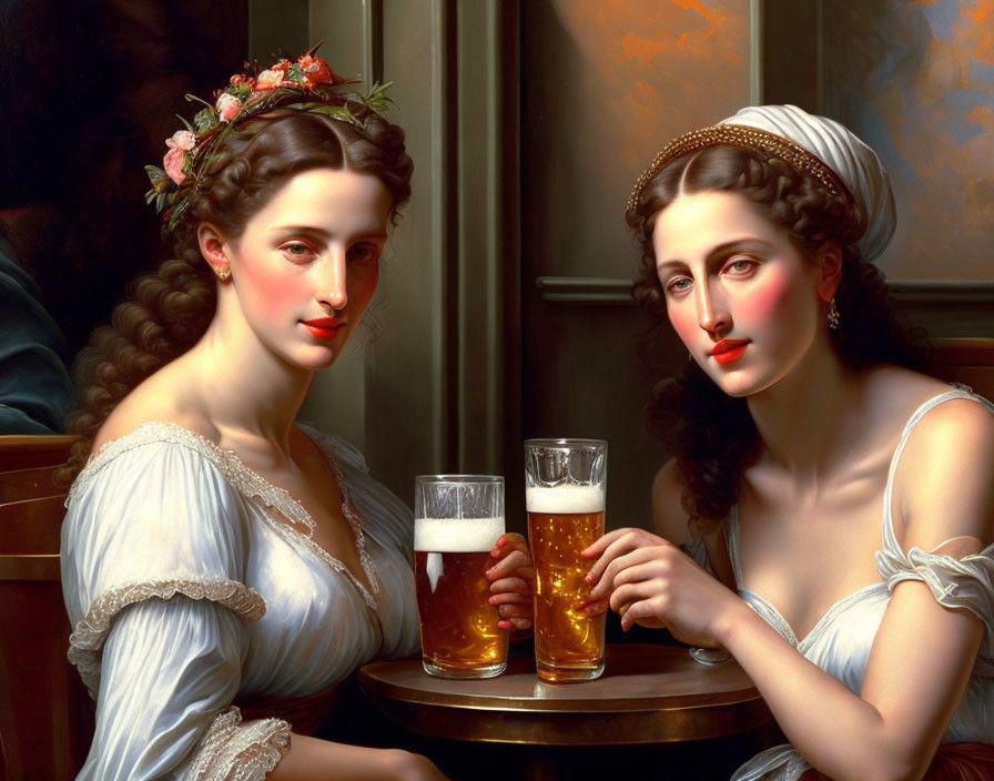 Two women in classical attire with beer glasses in hand near window with golden light.