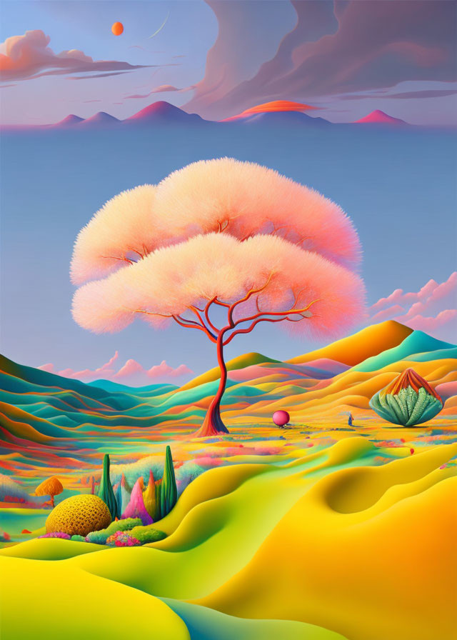 Colorful surreal landscape with pink tree and whimsical plants under pastel sky