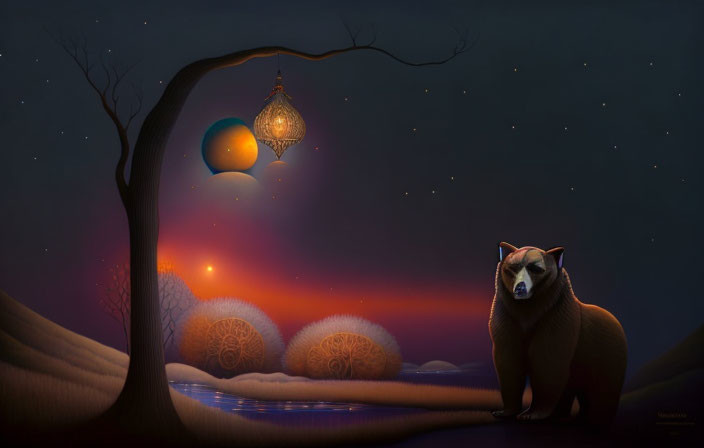 Tranquil bear artwork by lake at twilight with lantern and planets